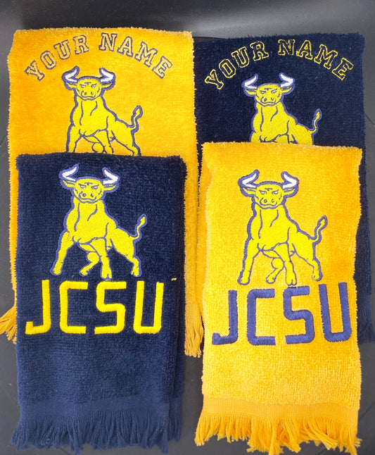4 Johnson C. Smith Embroidered towels in Navy and Gold.