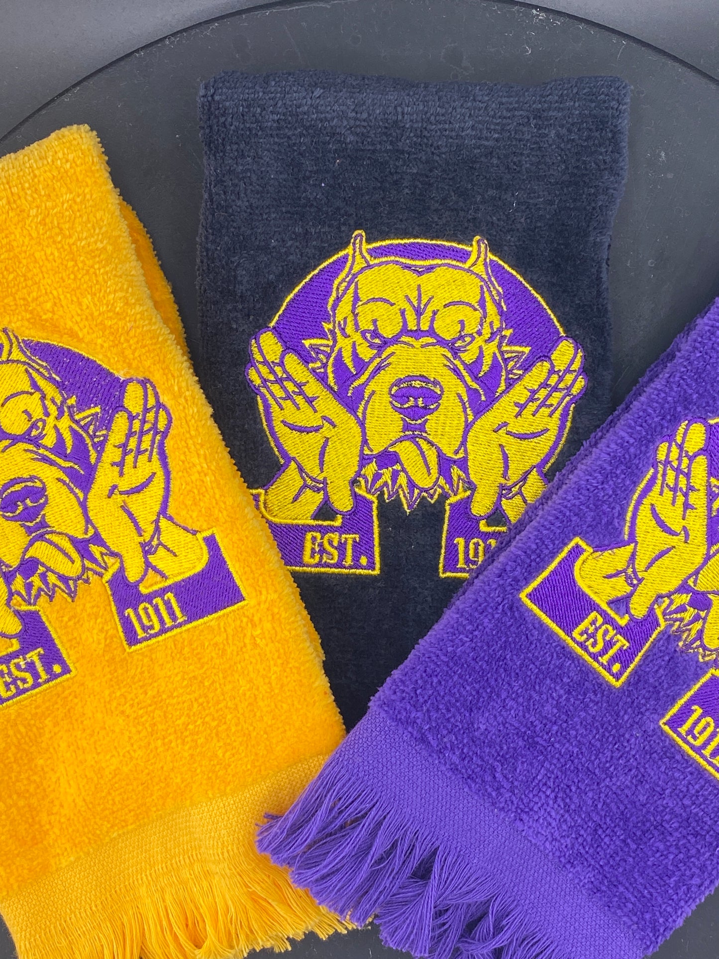 3 Omega Psi Phi Hooks Towel stitched on gold, black and purple velour plush towels