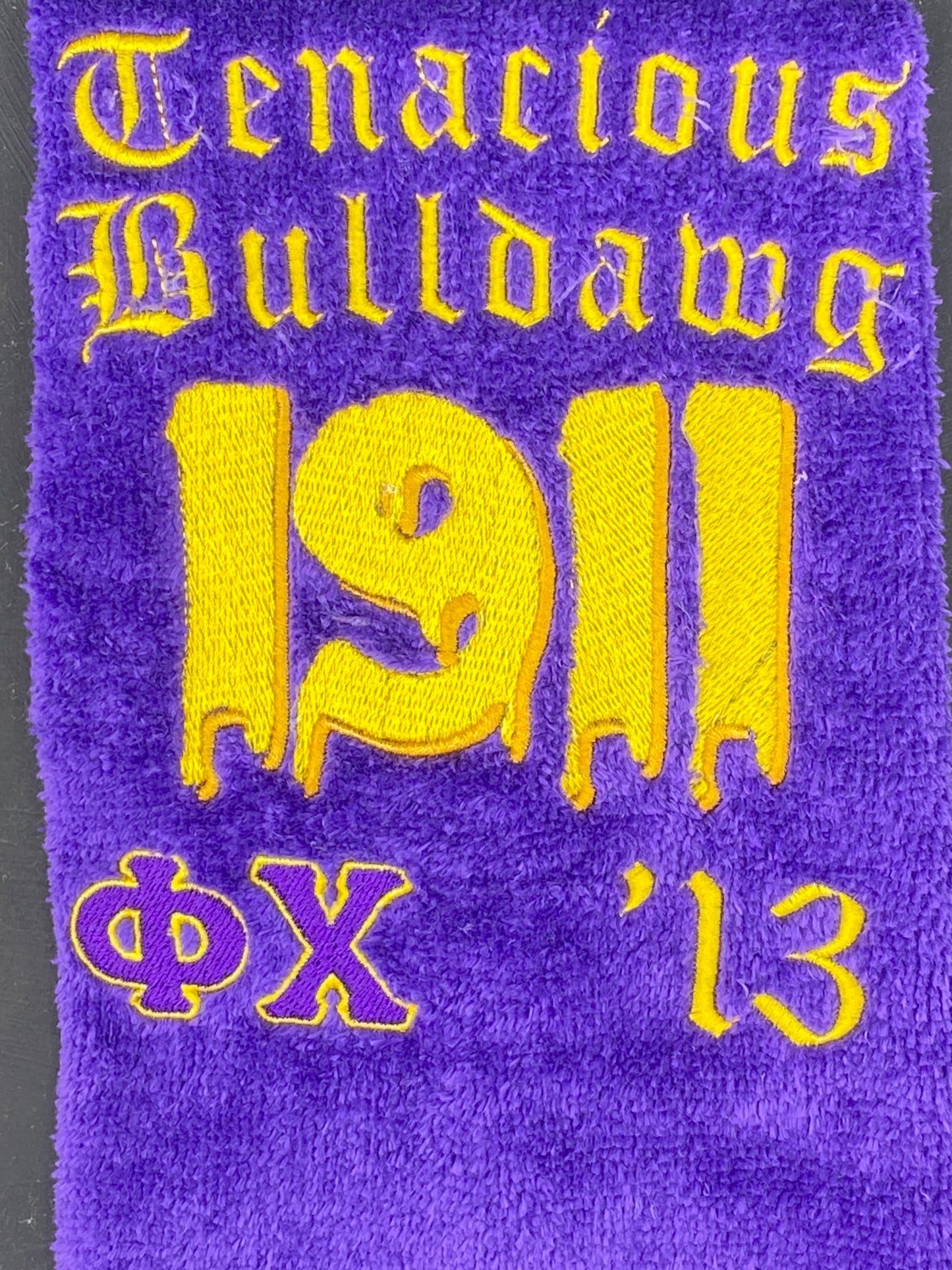 Bruhz ONLY for our embroidered Omega Psi Phi 1911 Drip Hop Towel. Purple & Gold D9 gift. Unpersonalized or customize yours at wandrcustoms.com.
