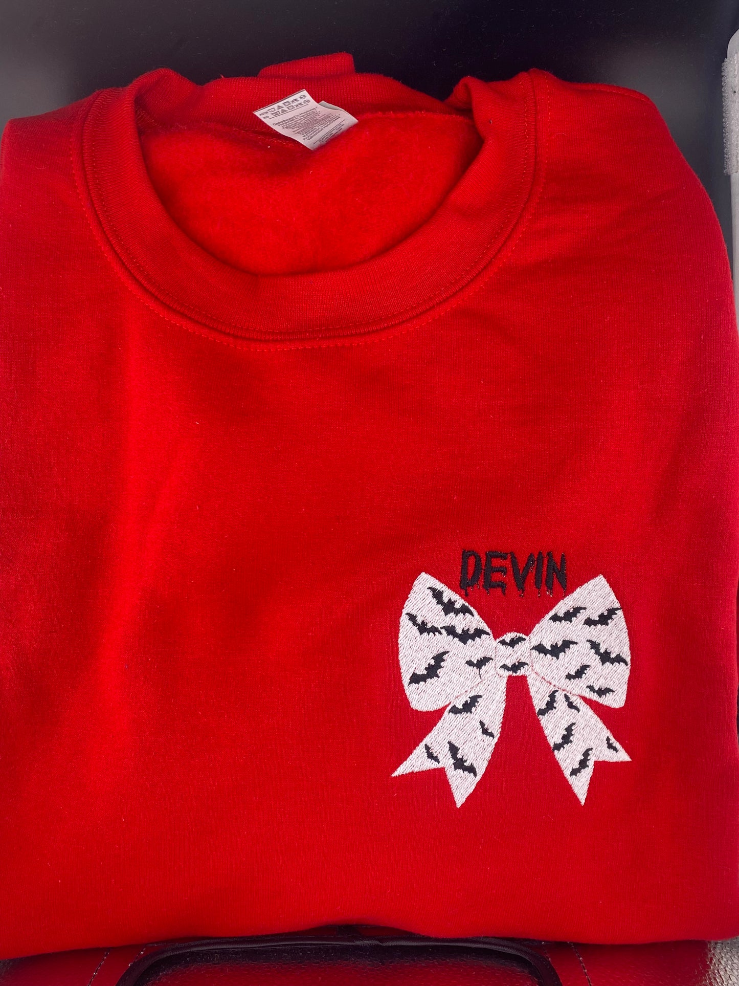 Bat Bow Halloween Sweatshirt in Red – Optional Dripping Name Personalization