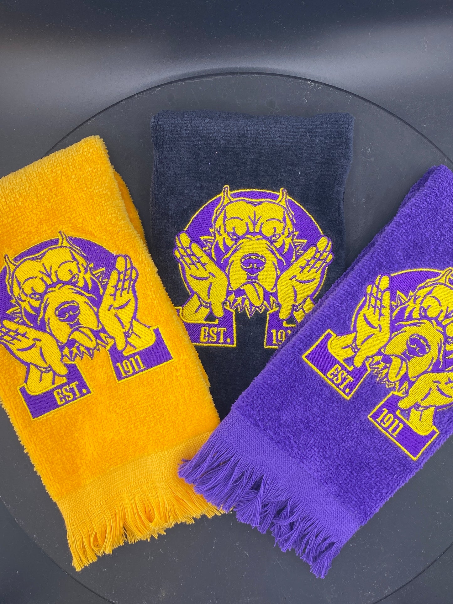 3 Omega Psi Phi Hooks Towel stitched on gold, black and purple velour plush towels