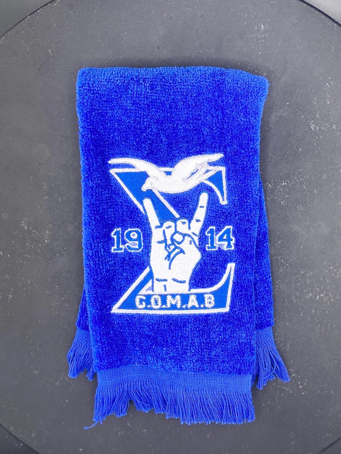 Phi Beta Sigma GOMAB Stroll Towel on Royal blue featuring a dove, 1914, and handsign.