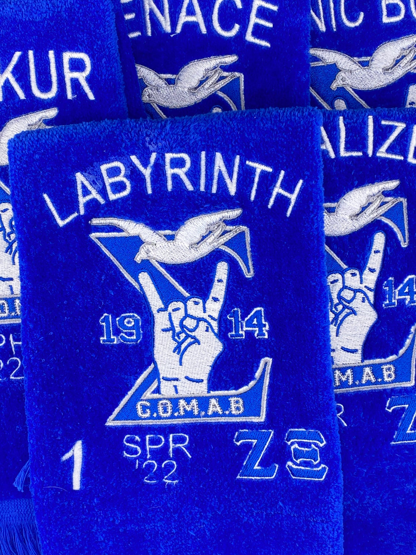 Royal Blue GOMAB towels customized for the Zeta Xi chapter of Phi Beta Sigma