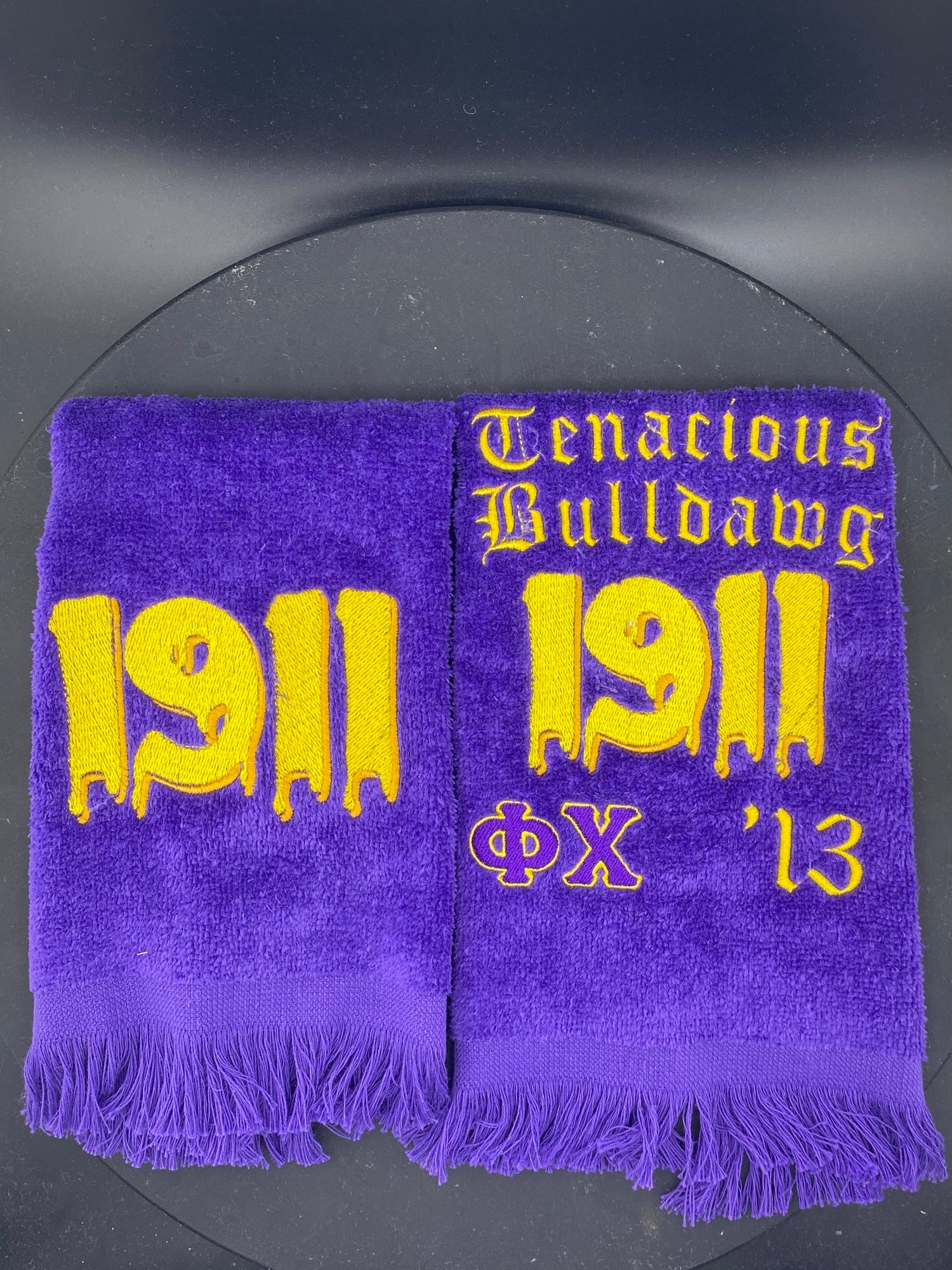 Bruhz ONLY for our embroidered Omega Psi Phi 1911 Drip Hop Towel. Purple & Gold D9 gift. Unpersonalized or customize yours at wandrcustoms.com.