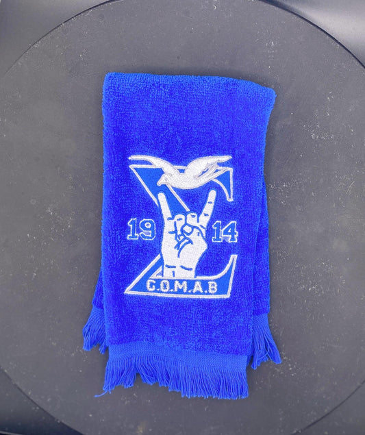 Phi Beta Sigma GOMAB Stroll Towel on Royal blue featuring a dove, 1914, and handsign.