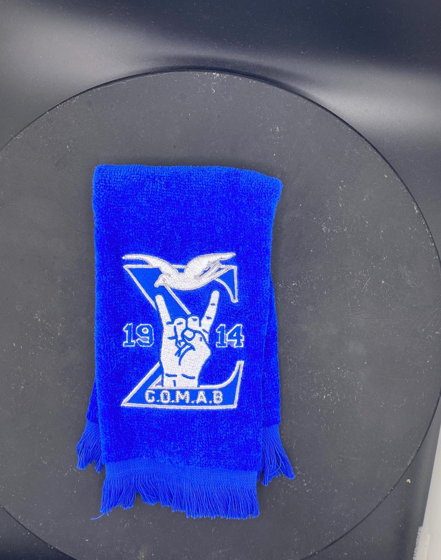 Phi Beta Sigma GOMAB Stroll Towel on Royal blue featuring a dove, 1914, and handsign.