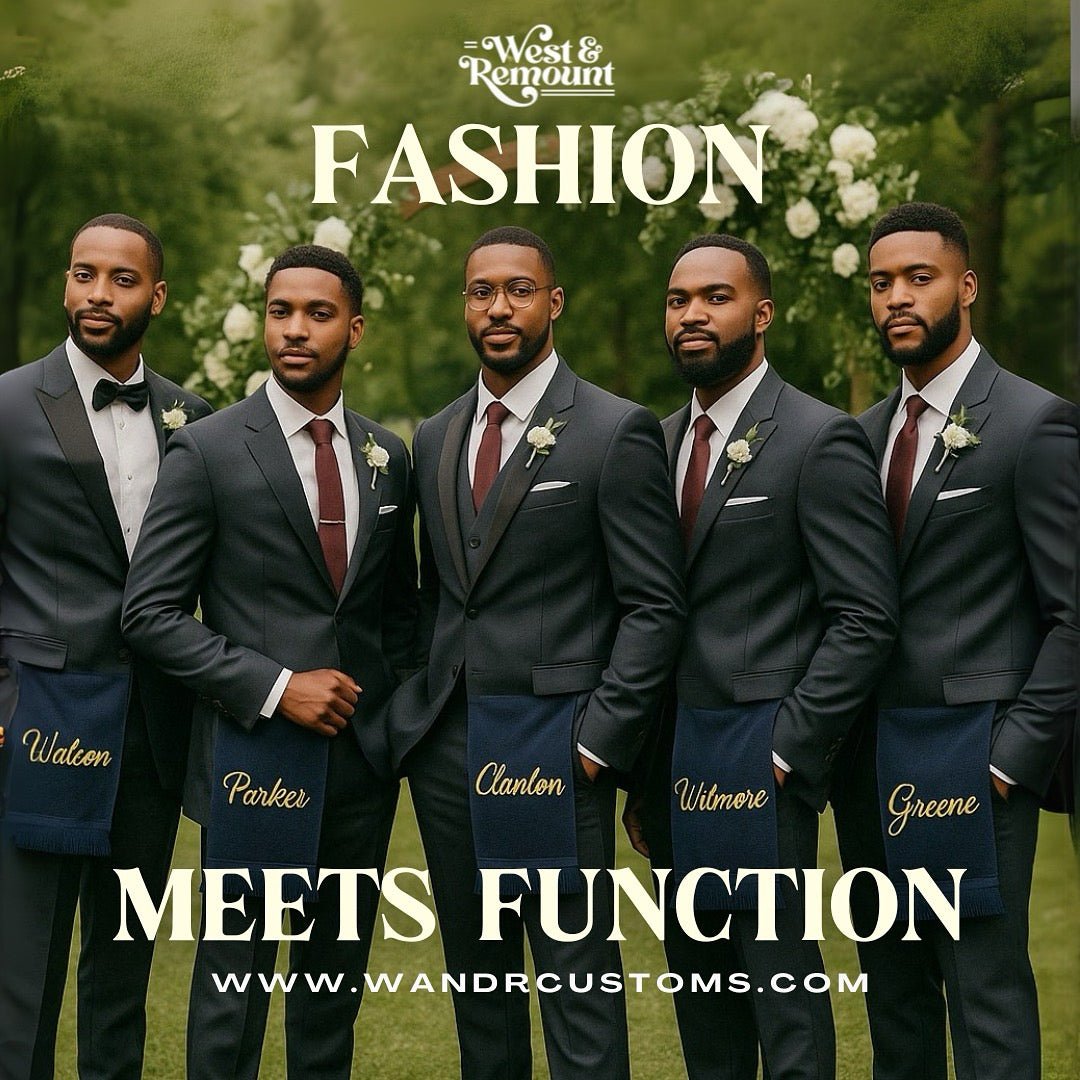Groomsmen at outdoor wedding with personalized velour Leisure Luxe Towels