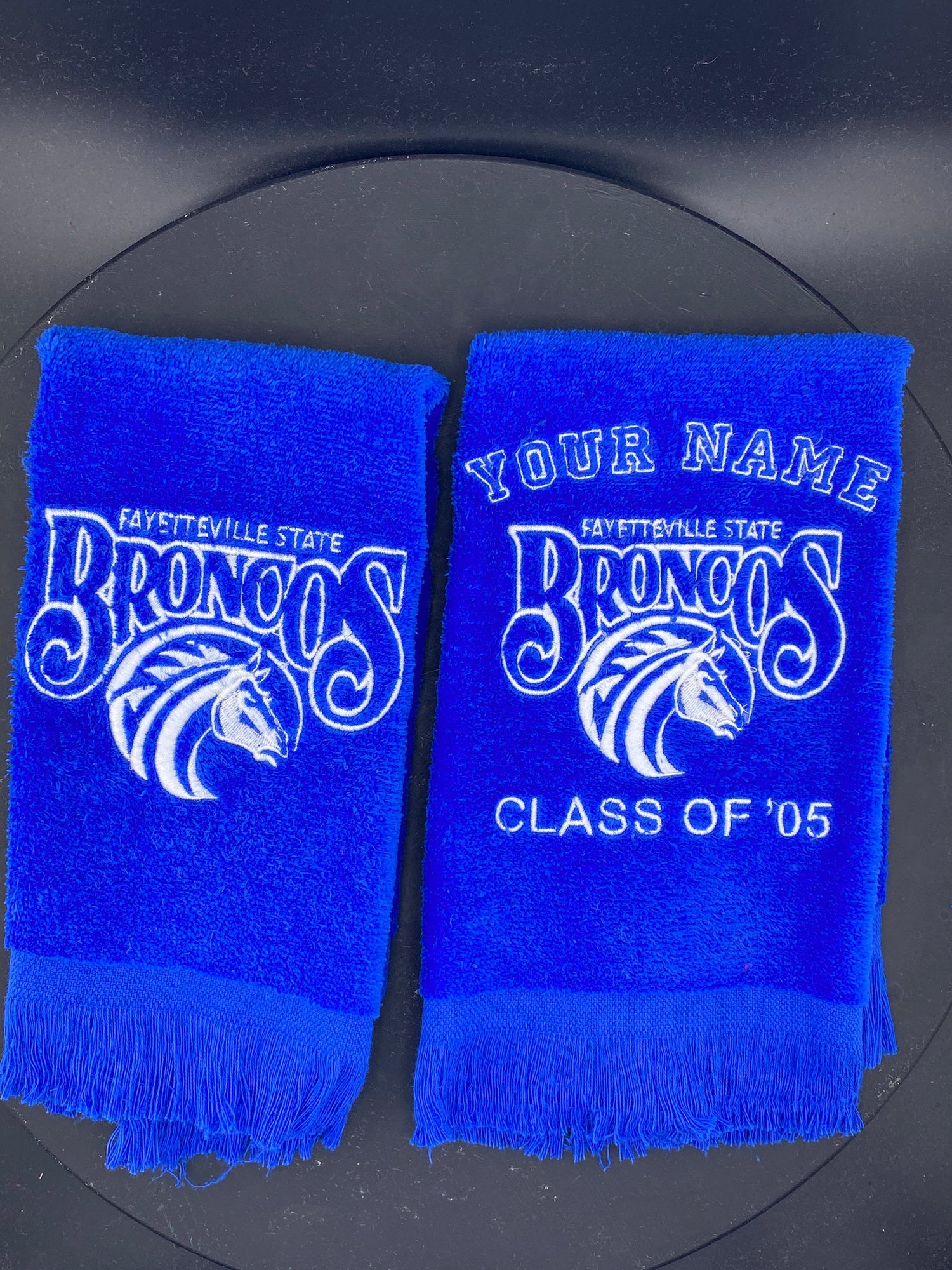 2 royal blue velour leisure luxe towels - Fayetteville State University Collection - West & Remount Custom Apparel