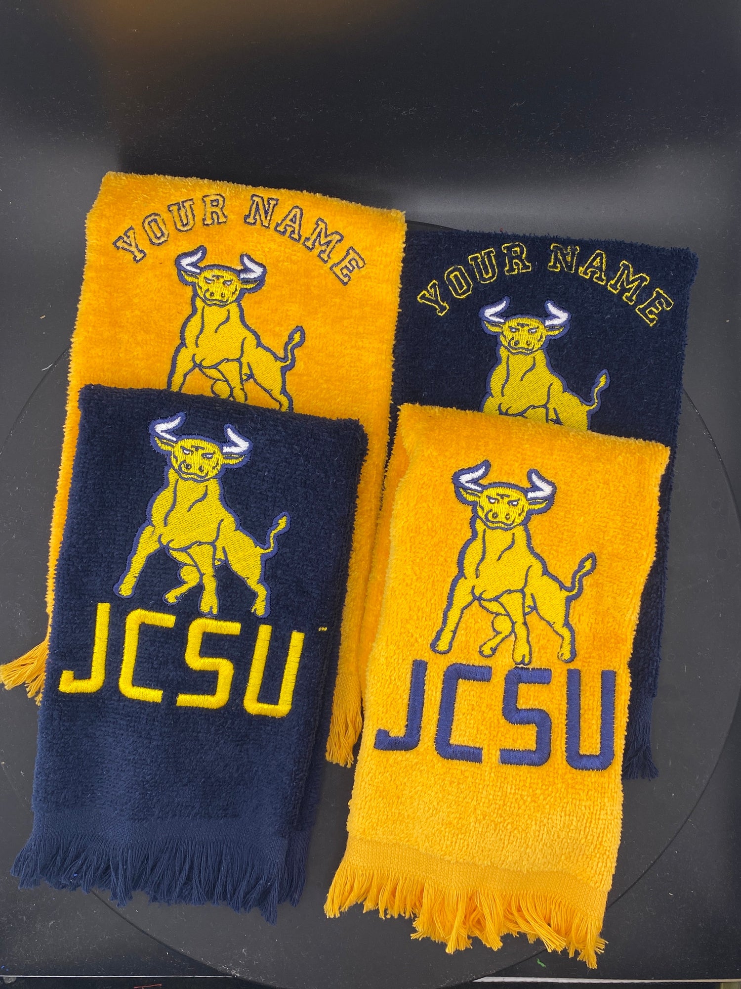 4 Johnson C. Smith Leisure Luxe Towels in Gold and Navy representing The Smith Collection - West & Remount Custom Apparel