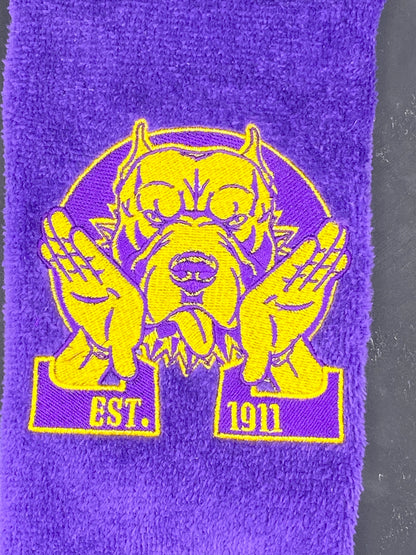 Omega Psi Phi Hooks Towel stitched on a purple velour plush towel