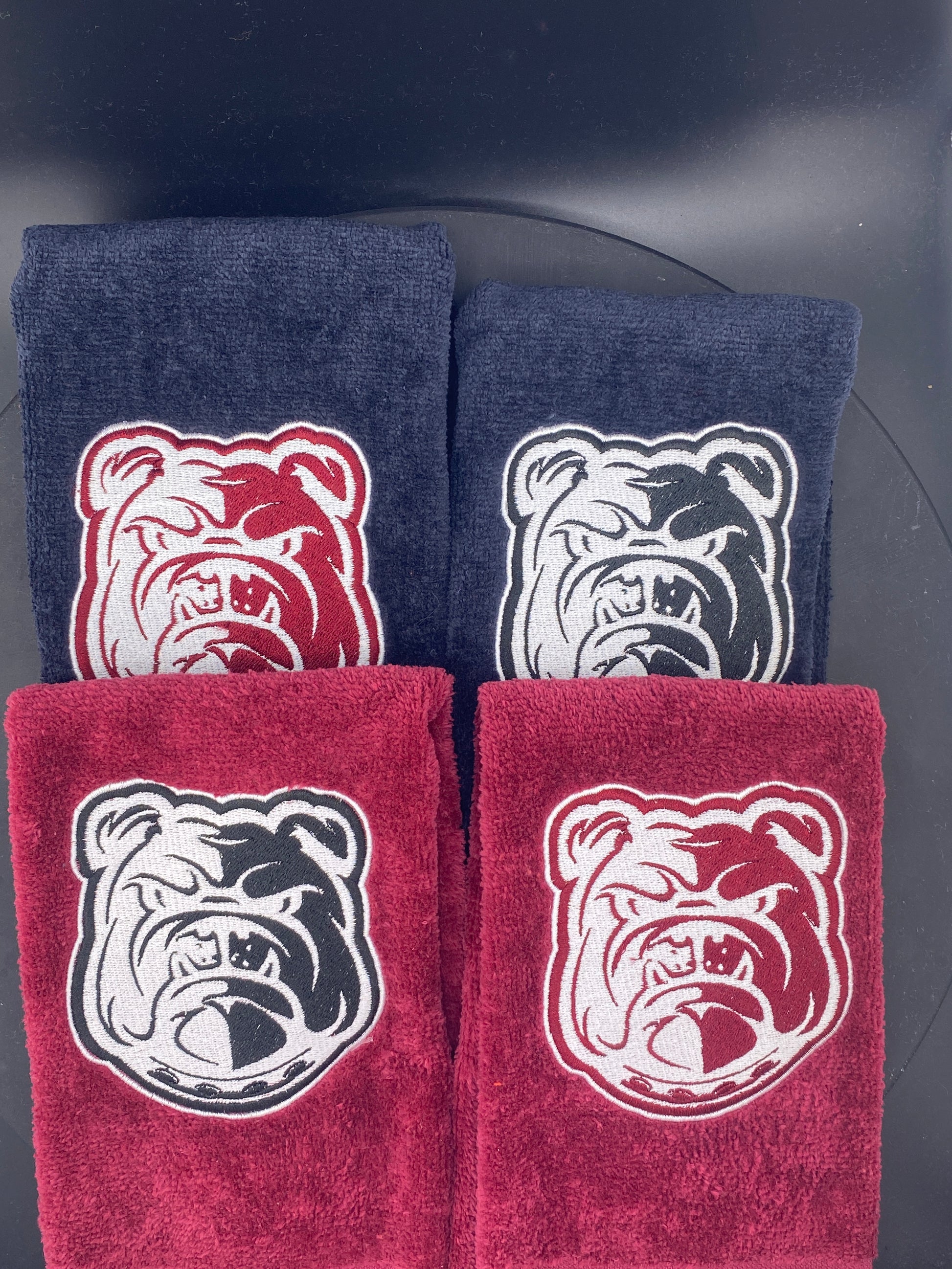 4 Alabama A & M University Bulldog Leisure Luxe Towels in Black or Maroon with contrasting bulldog embroidery. Order Yours today 