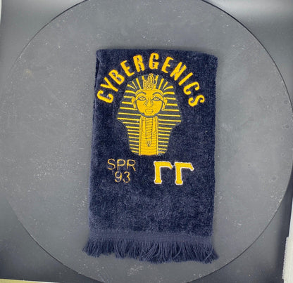 Custom Alpha Phi Alpha Sphinx Stroll towel with gold embroidery, featuring the Line name, fraternity’s symbol, and chapter on a black velour fingertip towel. Perfect for Greek events, strolls, and Divine 9 reunions.