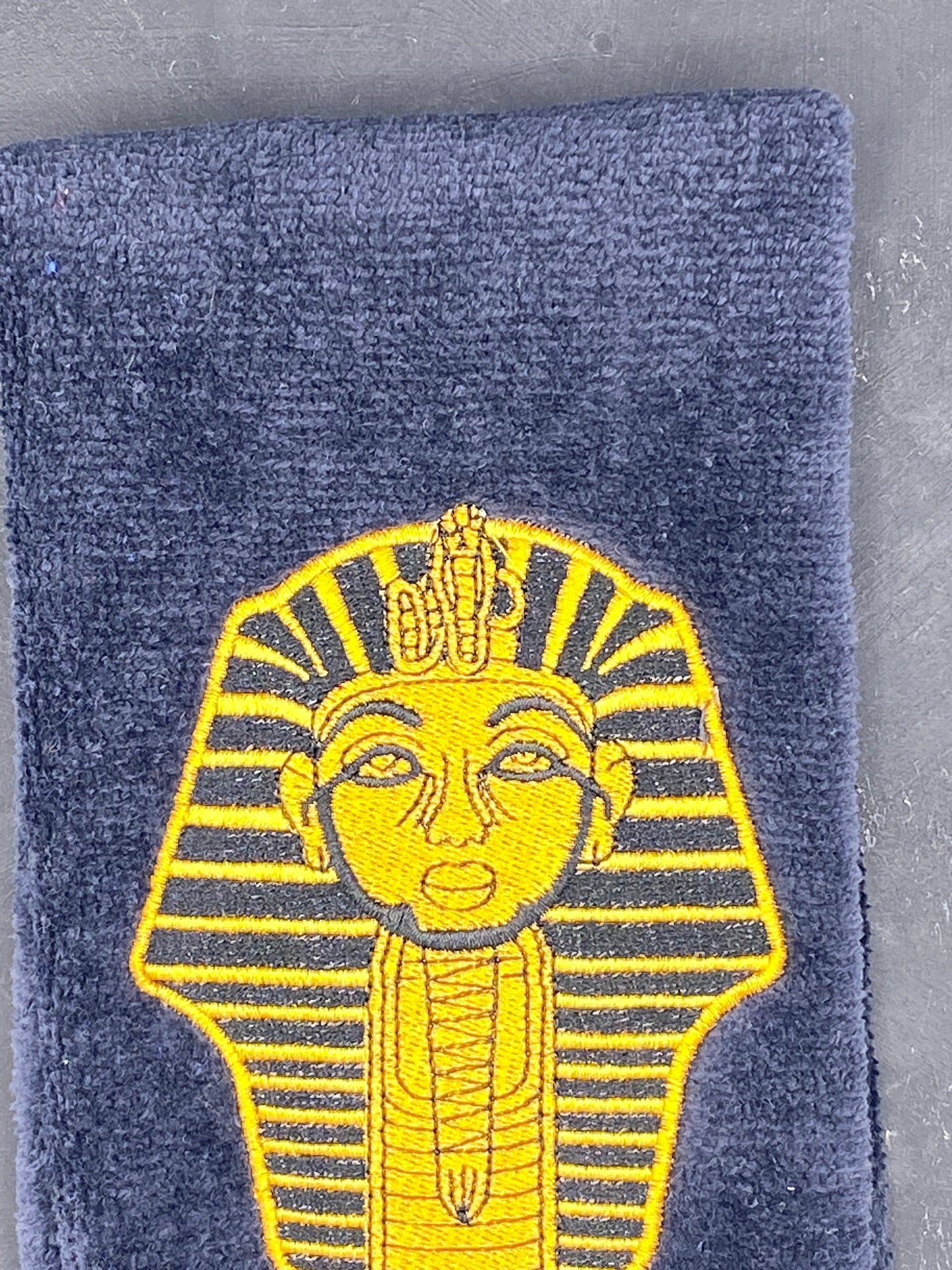 Black Alpha Phi Alpha Sphinx Stroll Towel in Old Gold closeup stitching detail