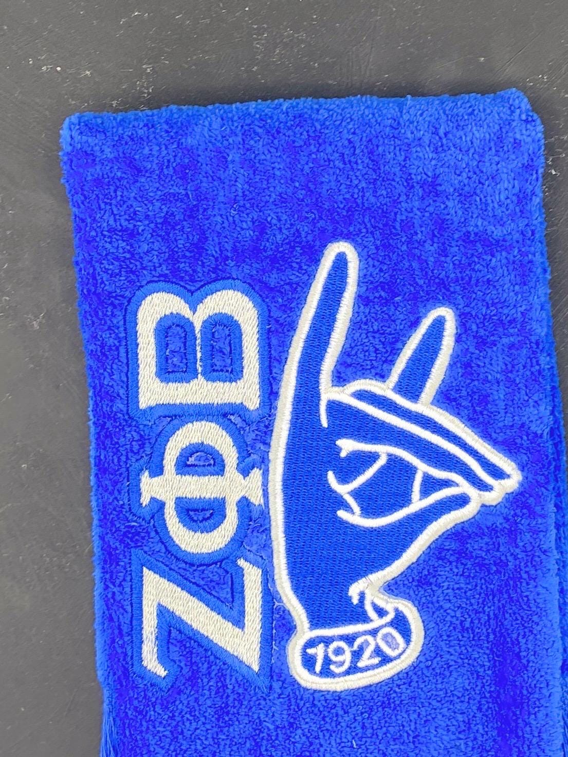 Zeta Phi Beta Legacy Stroll Towel in Royal Blue featuring Kitty Hand Sign, 1920, and letters