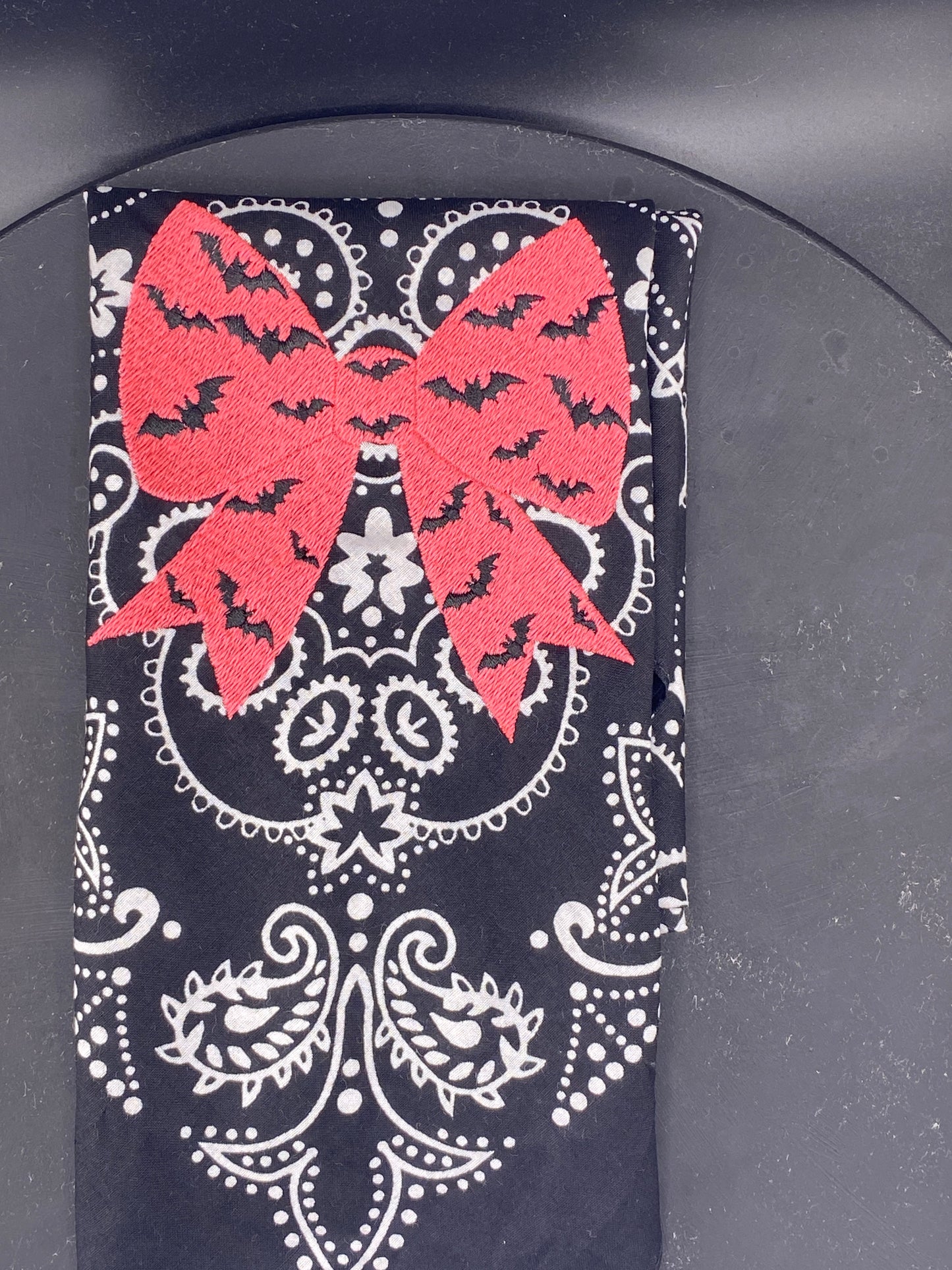 Bat Bow Glow Bandana – Black Texas Paisley with Glow-in-the-Dark Bow