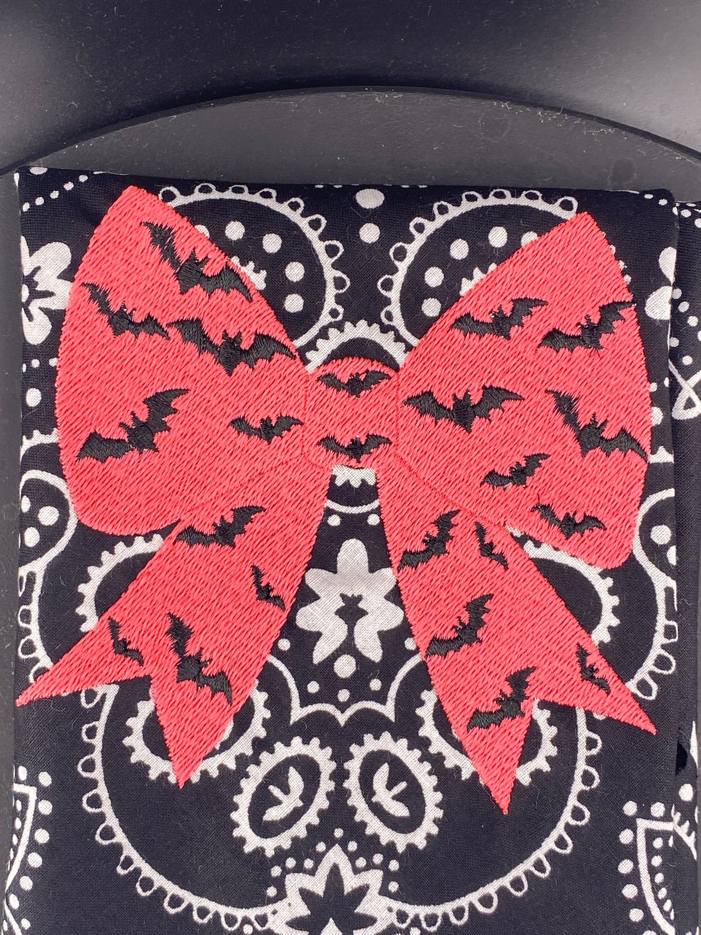 Bat Bow Glow Bandana – Black Texas Paisley with Glow-in-the-Dark Bow