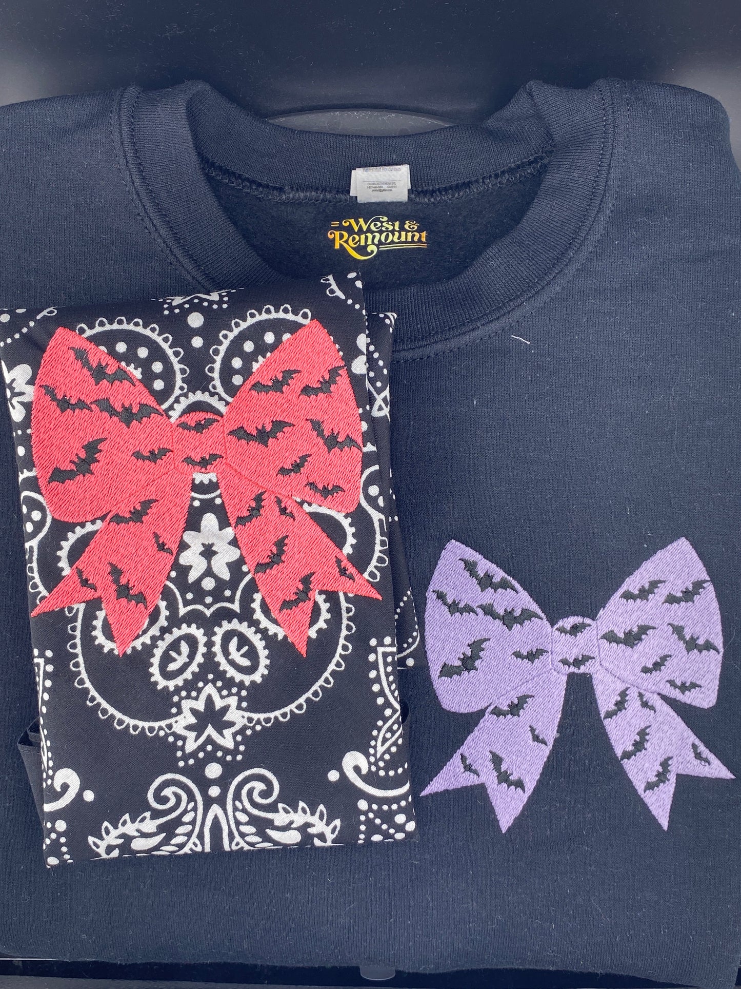 Bat Bow Glow Bandana – Black Texas Paisley with Glow-in-the-Dark Bow