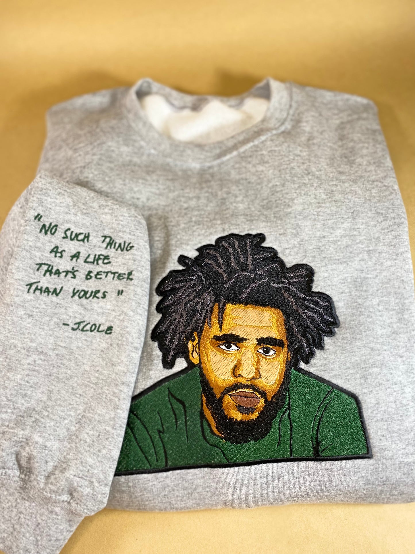 J. Cole Tribute No Such Thing Embroidered Sweatshirt With Quote on Sleeve