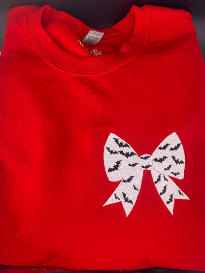 Bat Bow Halloween Sweatshirt in Red – Optional Dripping Name Personalization