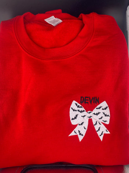 Bat Bow Halloween Sweatshirt in Red – Optional Dripping Name Personalization