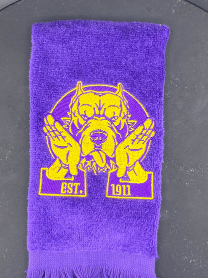 Omega Psi Phi Hooks Towel stitched on a purple velour plush towel
