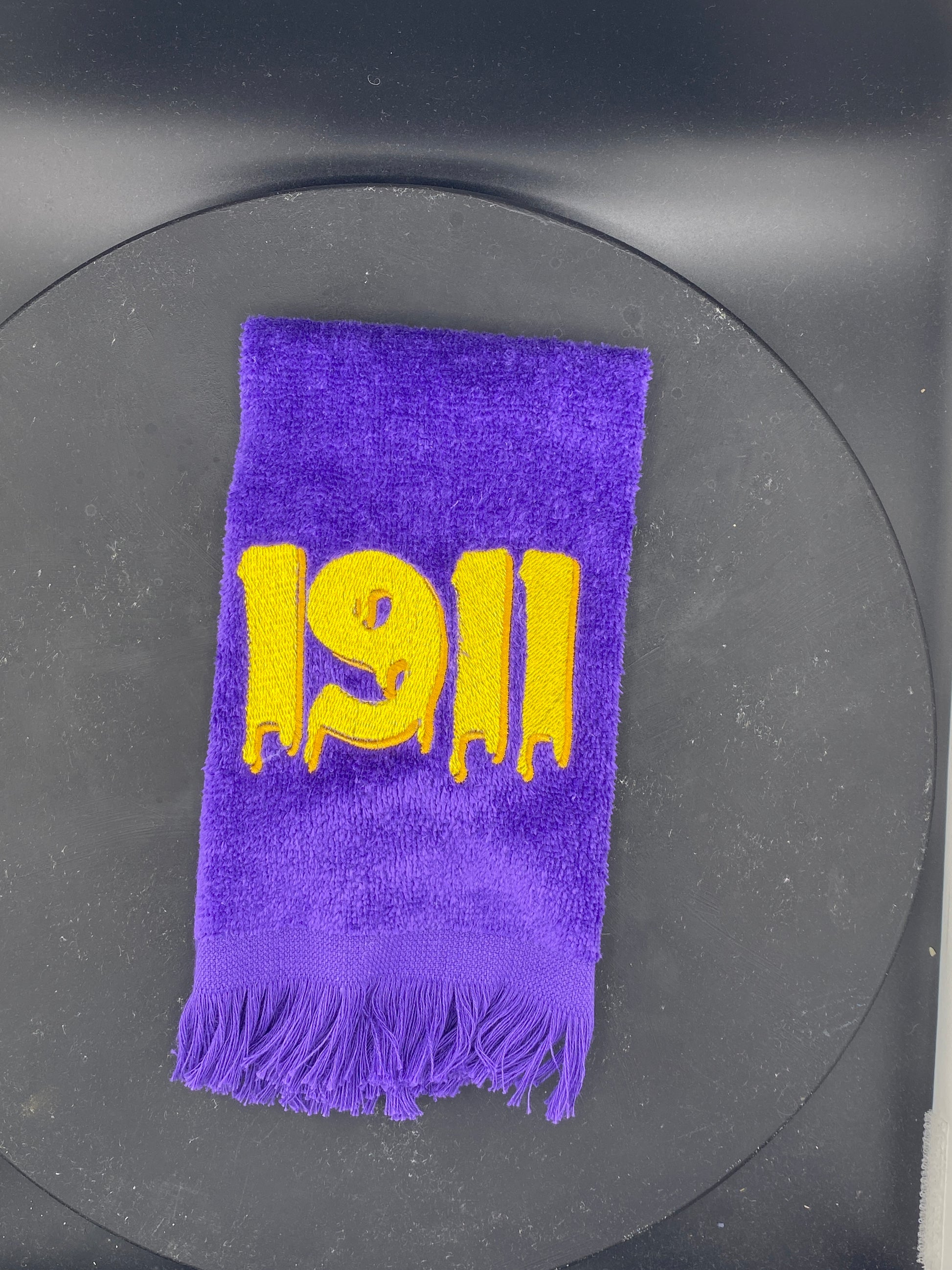 Omega Psi Phi Hop Towel with 1911 Drip embroidery in Gold and Old Gold on Purple towel – Divine 9 Gift