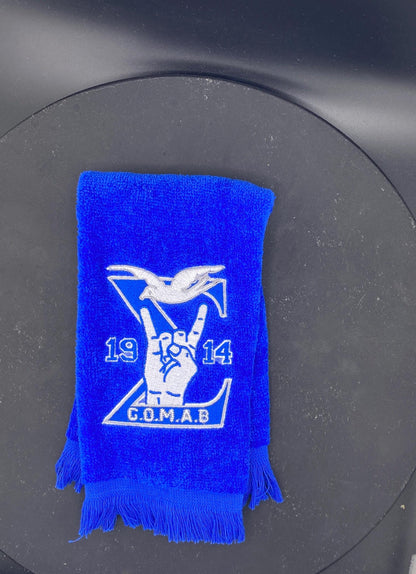 Phi Beta Sigma GOMAB Stroll Towel on Royal blue featuring a dove, 1914, and handsign. 