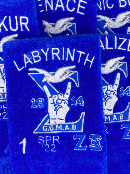 Royal Blue GOMAB towels customized for the Zeta Xi chapter of Phi Beta Sigma