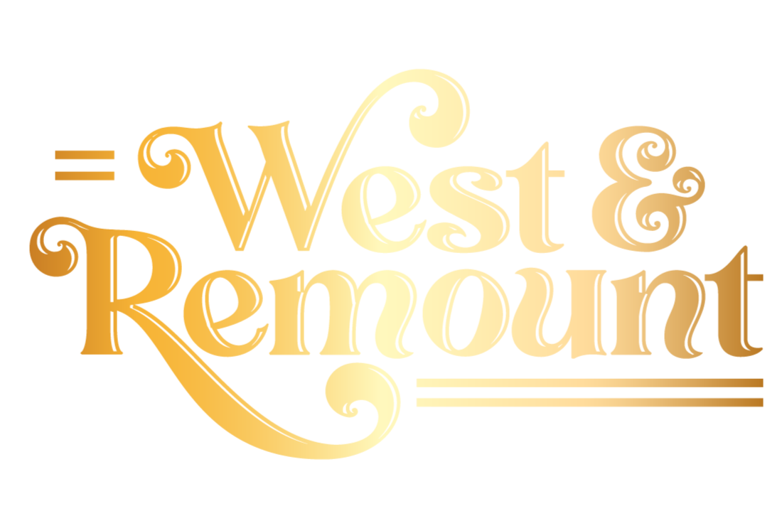 West & Remount gold logo featuring bold script and modern design, representing a Black woman-owned custom apparel brand based in Charlotte, NC.