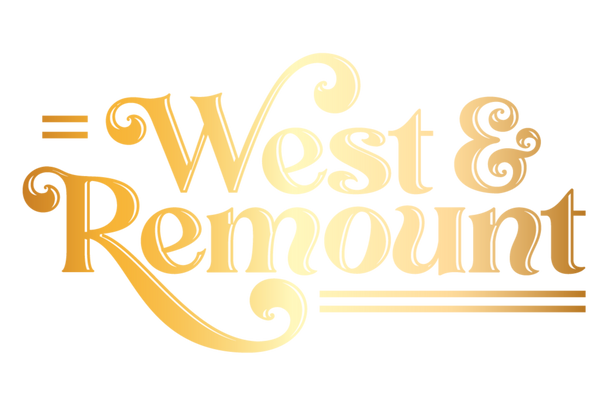 West & Remount gold logo featuring bold script and modern design, representing a Black woman-owned custom apparel brand based in Charlotte, NC.