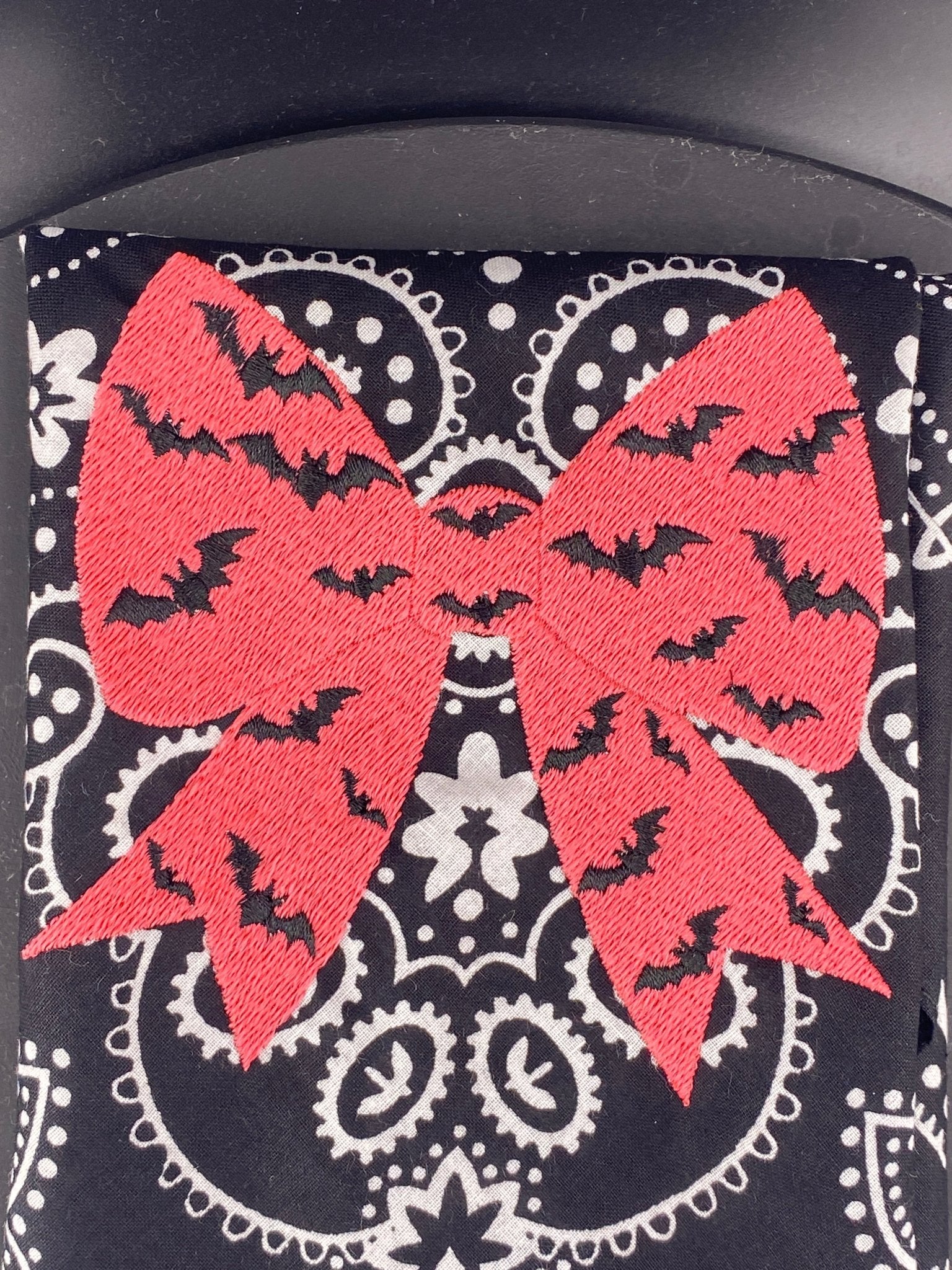 Bat Bow Glow Bandana – Black Texas Paisley with Glow - in - the - Dark Bow - West & Remount Custom Apparel