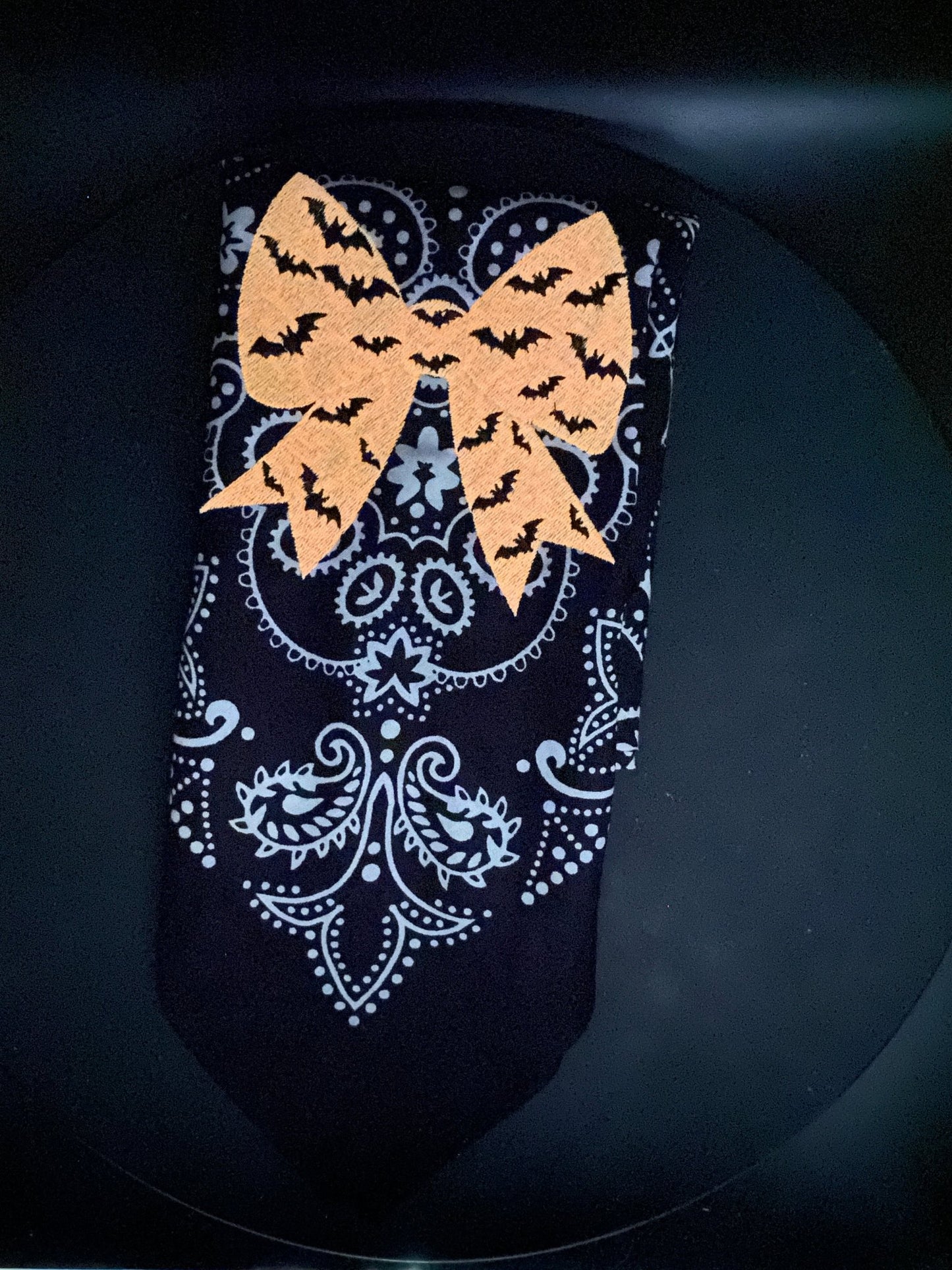 Bat Bow Glow Bandana – Black Texas Paisley with Glow - in - the - Dark Bow - West & Remount Custom Apparel