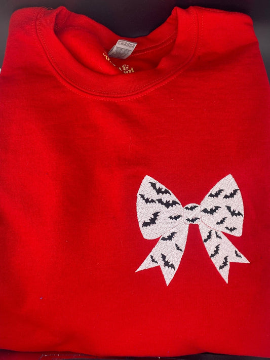 Bat Bow Halloween Sweatshirt in Red – Optional Dripping Name Personalization - West & Remount Custom Apparel