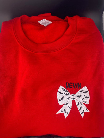 Bat Bow Halloween Sweatshirt in Red – Optional Dripping Name Personalization - West & Remount Custom Apparel