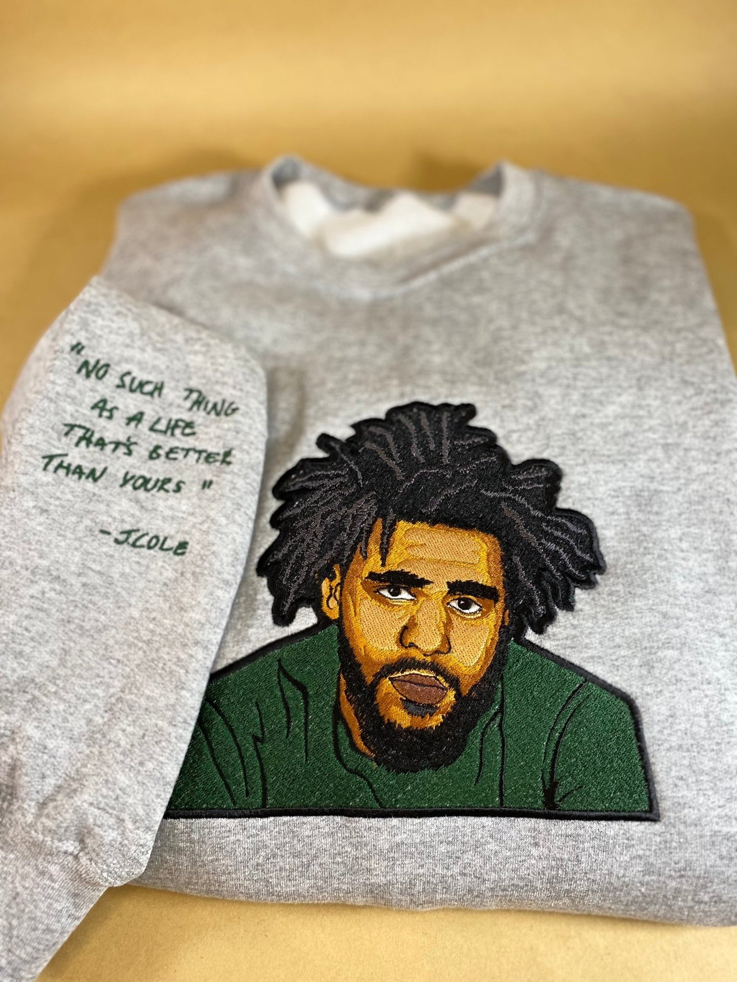 J. Cole Tribute No Such Thing Embroidered Sweatshirt With Quote on Sleeve - West & Remount Custom Apparel