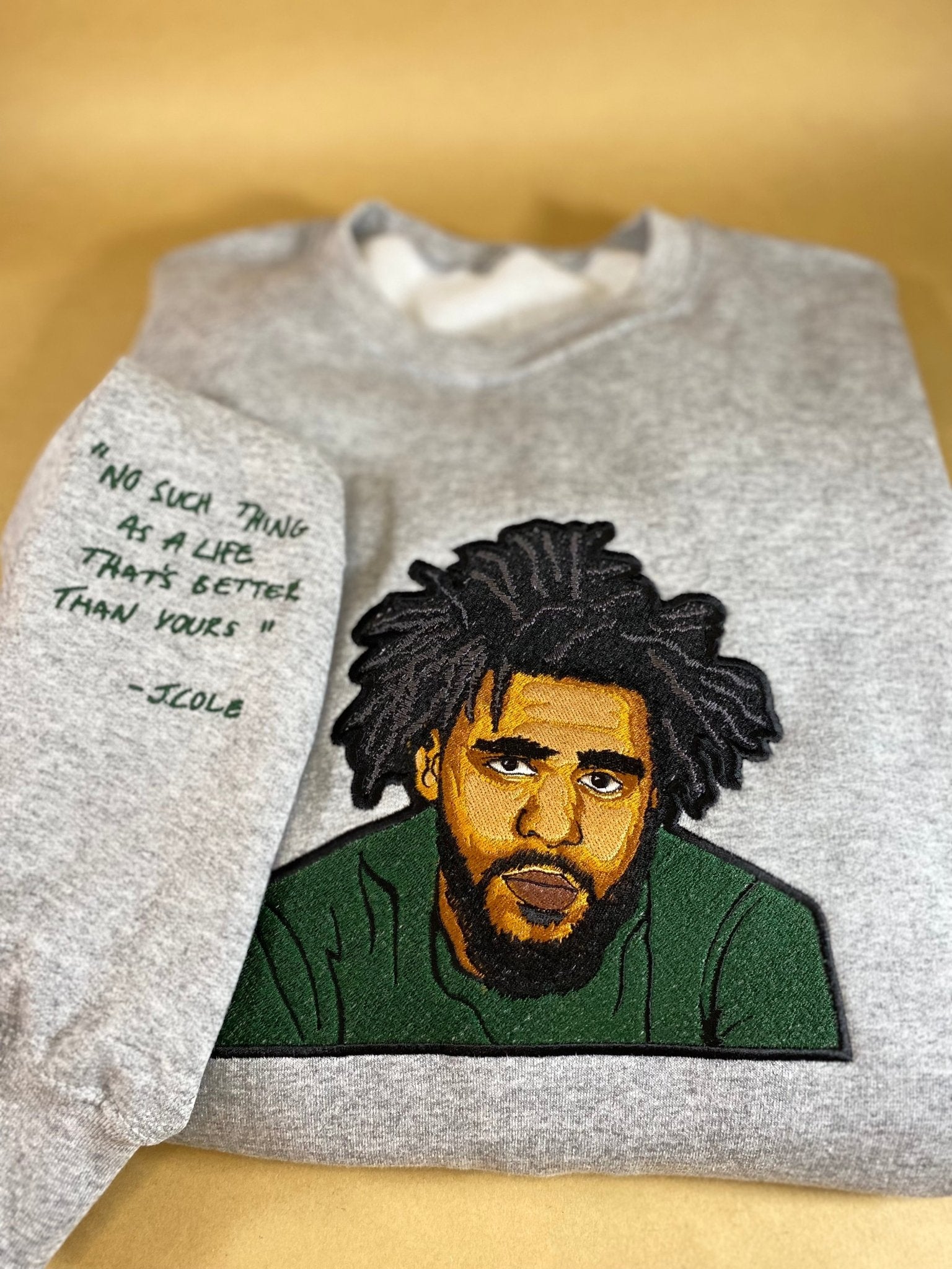 J. Cole Tribute No Such Thing Embroidered Sweatshirt With Quote on Sleeve - West & Remount Custom Apparel