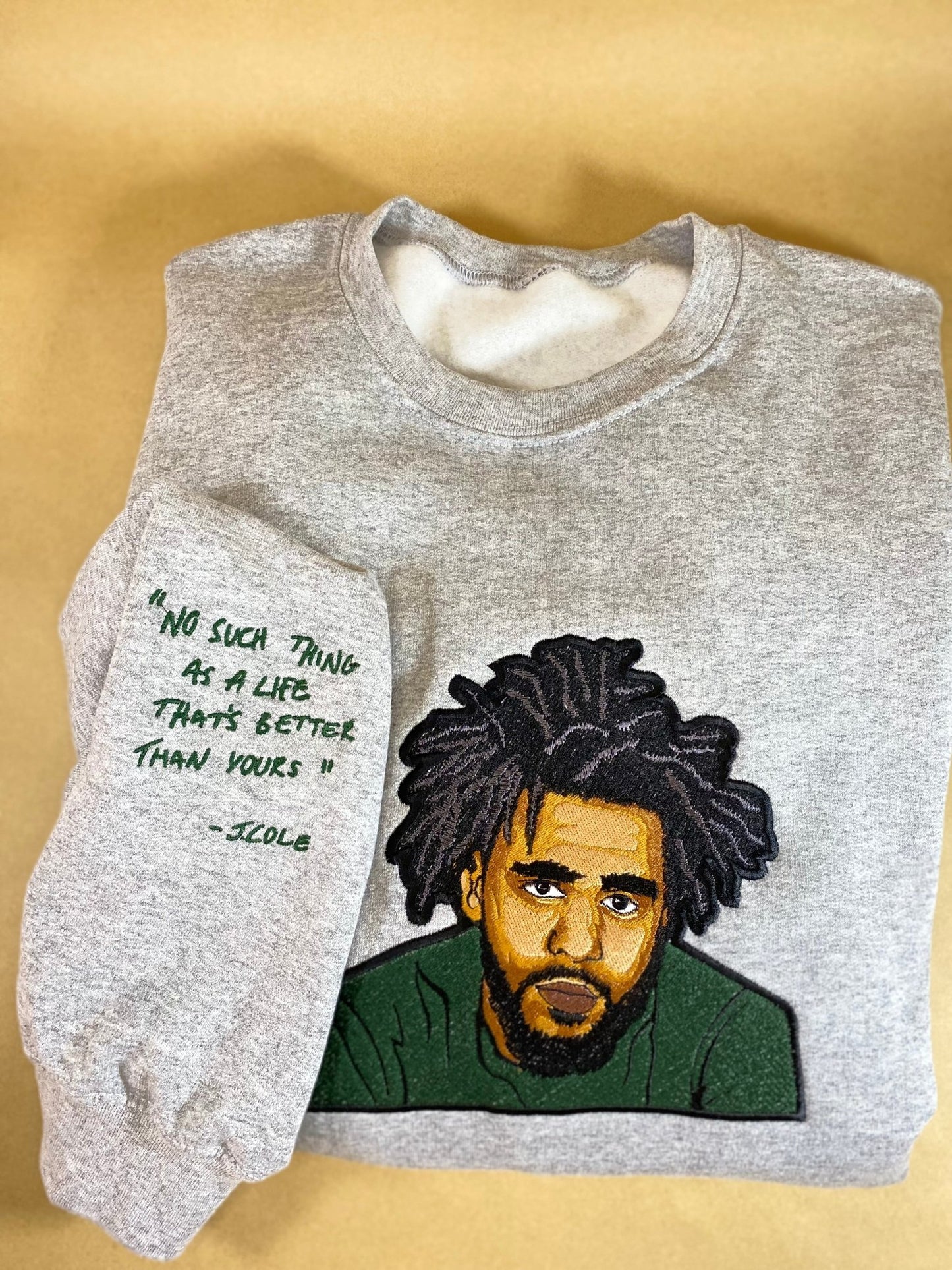 J. Cole Tribute No Such Thing Embroidered Sweatshirt With Quote on Sleeve - West & Remount Custom Apparel