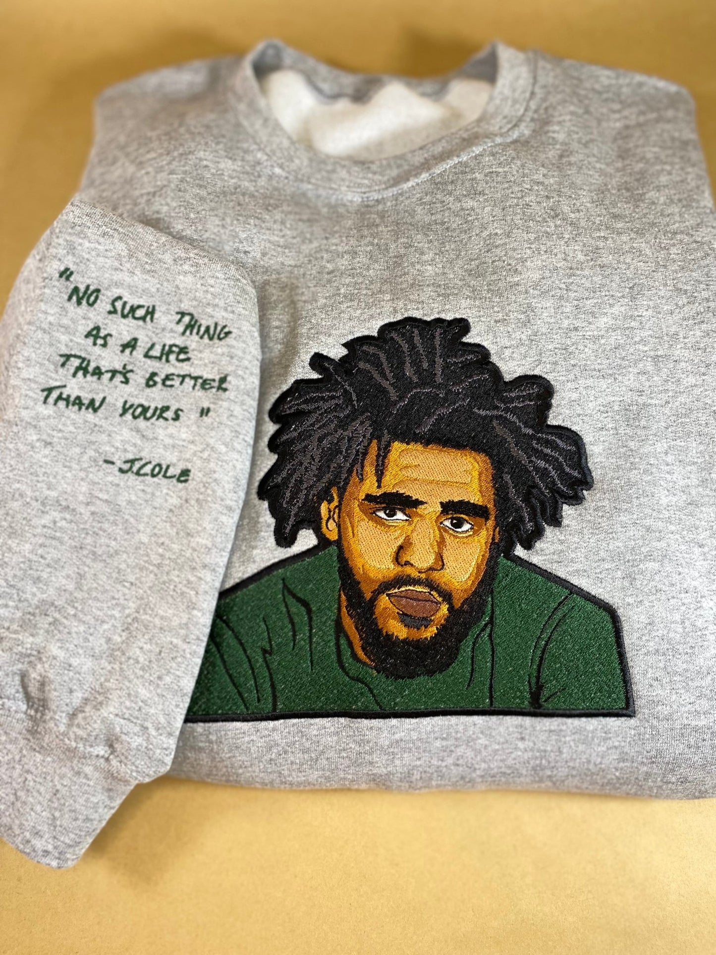 J. Cole Tribute No Such Thing Embroidered Sweatshirt With Quote on Sleeve - West & Remount Custom Apparel