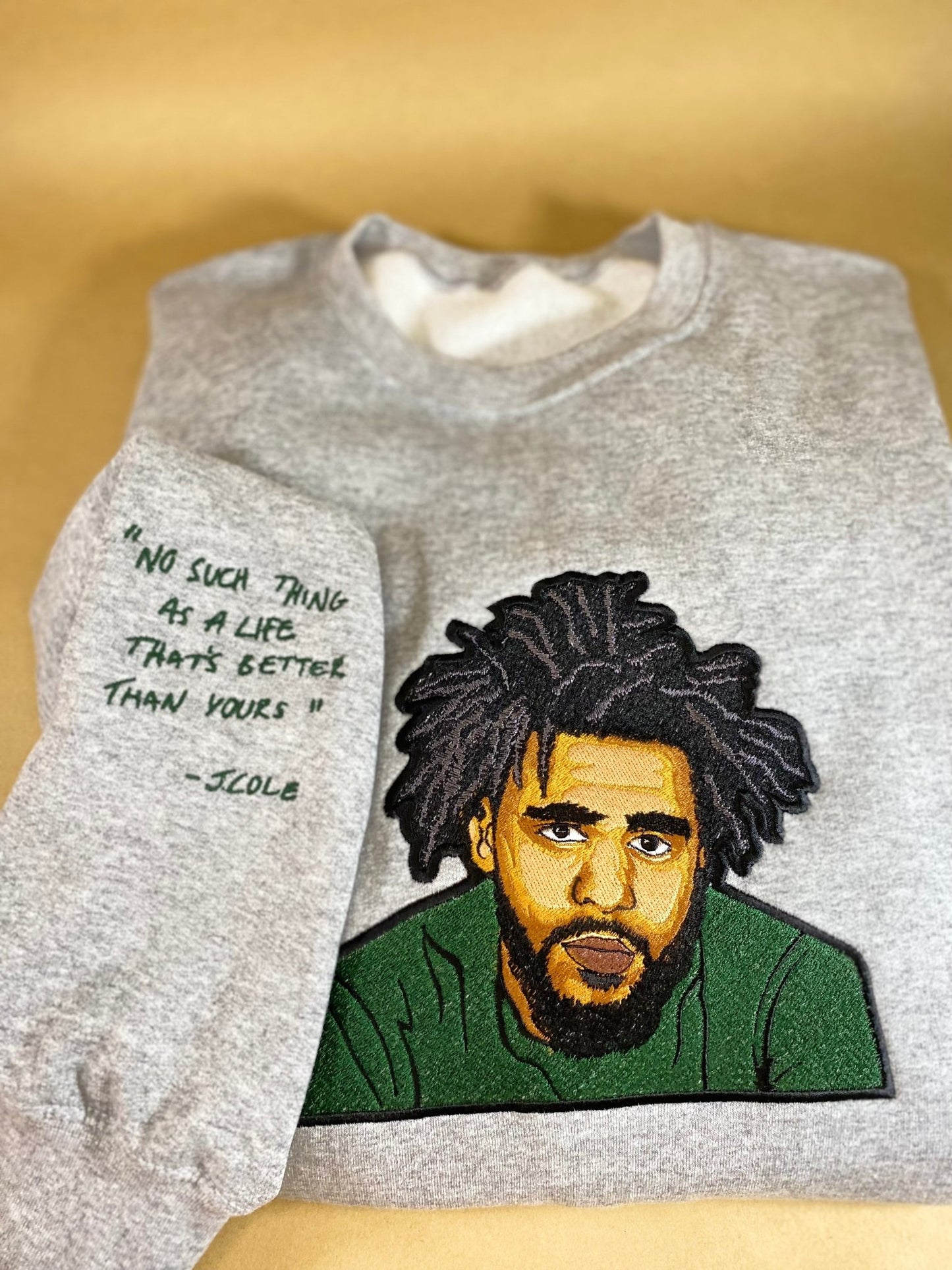 J. Cole Tribute No Such Thing Embroidered Sweatshirt With Quote on Sleeve - West & Remount Custom Apparel