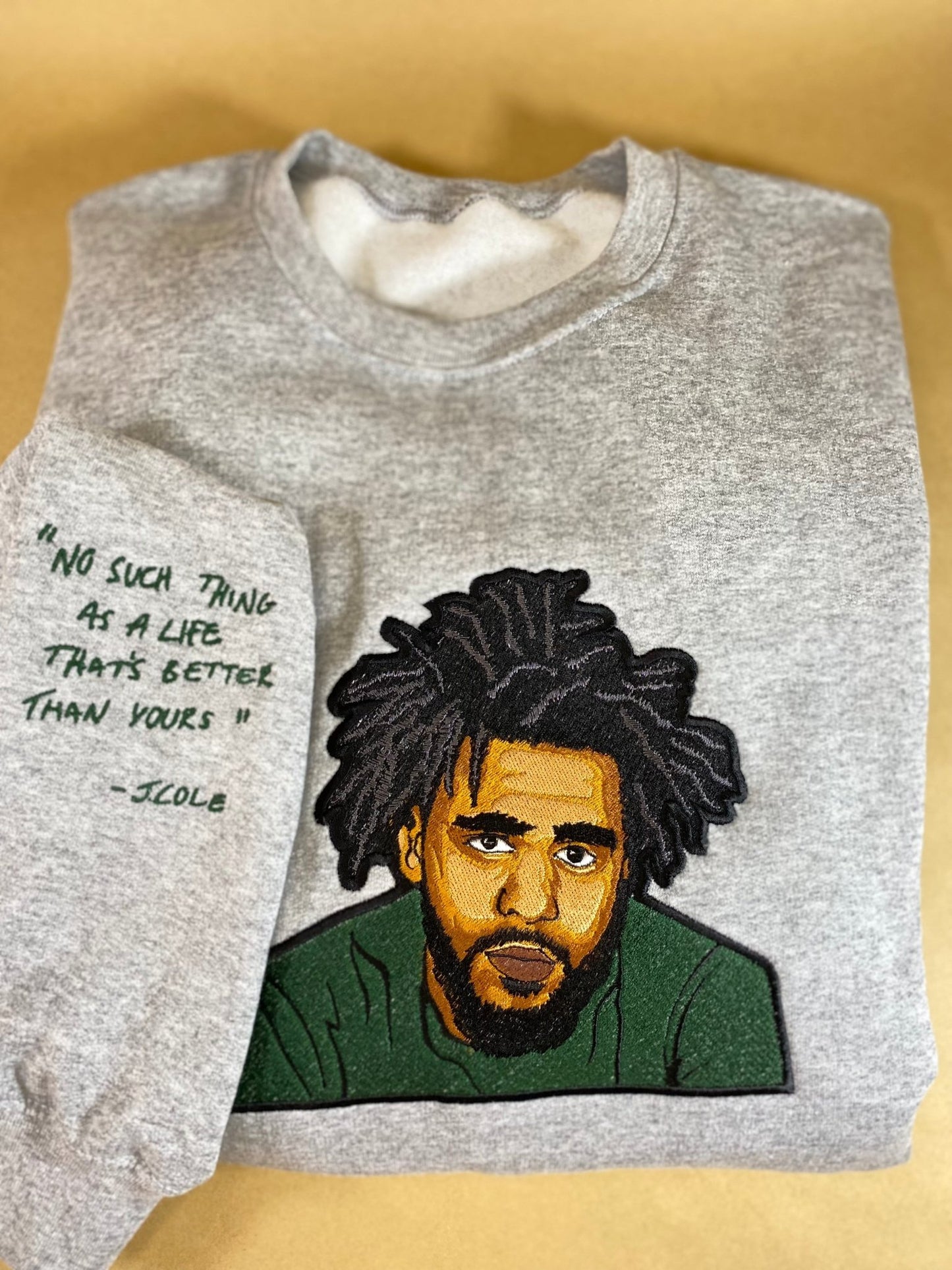 J. Cole Tribute No Such Thing Embroidered Sweatshirt With Quote on Sleeve - West & Remount Custom Apparel