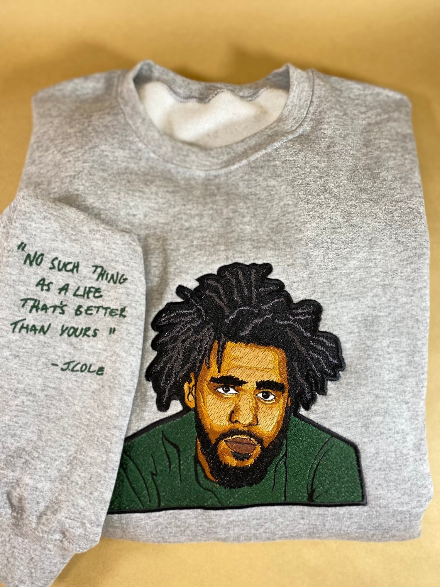 J. Cole Tribute No Such Thing Embroidered Sweatshirt With Quote on Sleeve - West & Remount Custom Apparel
