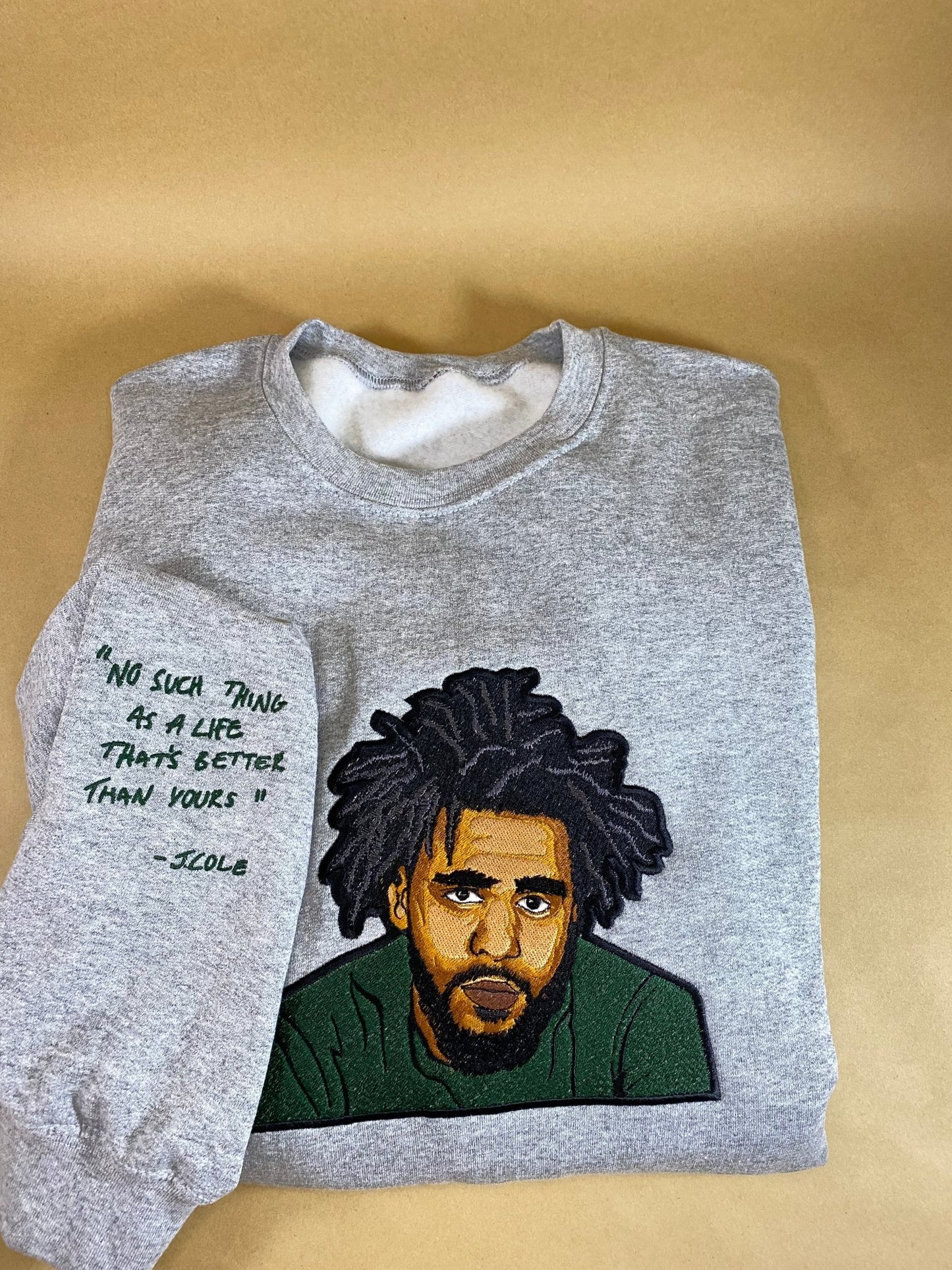 J. Cole Tribute No Such Thing Embroidered Sweatshirt With Quote on Sleeve - West & Remount Custom Apparel