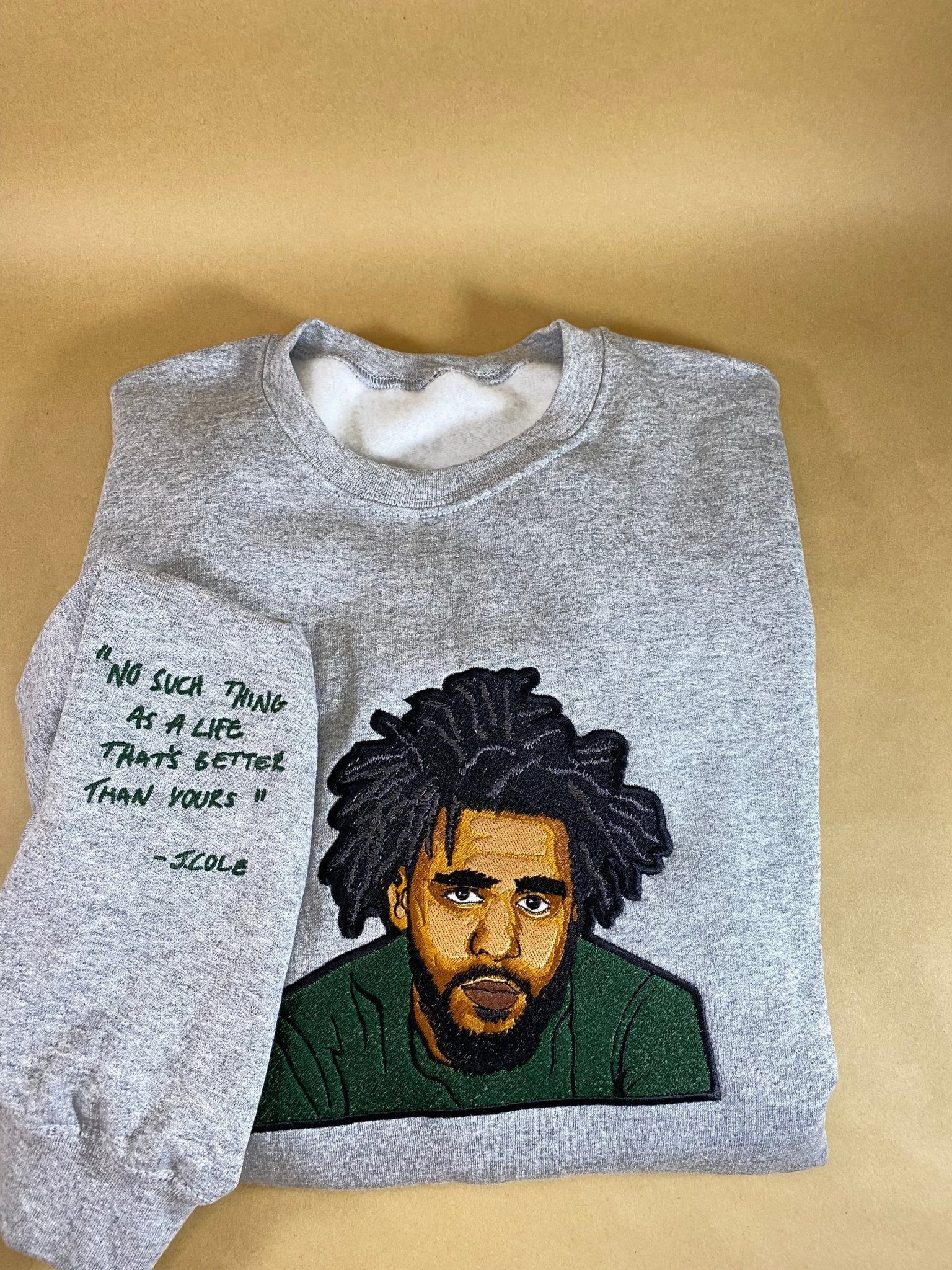 J. Cole Tribute No Such Thing Embroidered Sweatshirt With Quote on Sleeve - West & Remount Custom Apparel