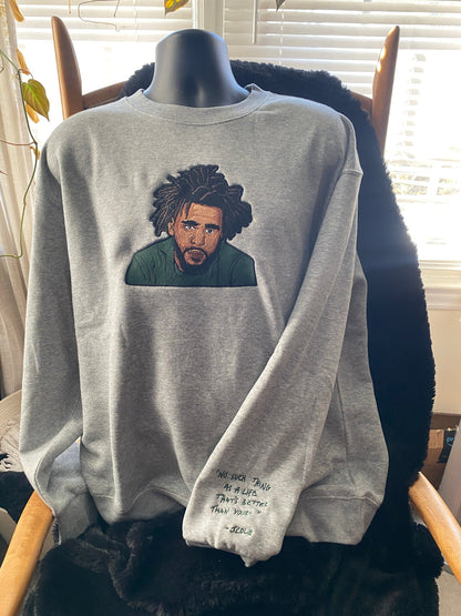 J. Cole Tribute No Such Thing Embroidered Sweatshirt With Quote on Sleeve - West & Remount Custom Apparel
