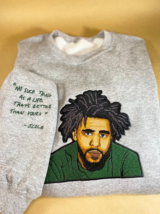 J. Cole Tribute No Such Thing Embroidered Sweatshirt With Quote on Sleeve - West & Remount Custom Apparel