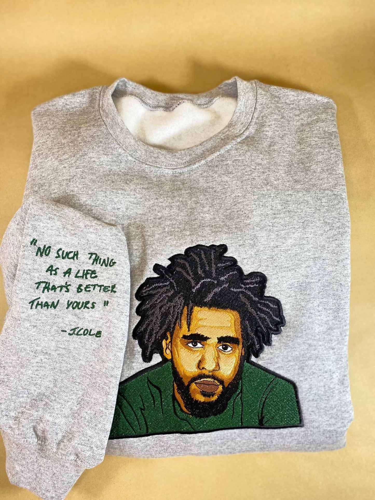J. Cole Tribute No Such Thing Embroidered Sweatshirt With Quote on Sleeve - West & Remount Custom Apparel