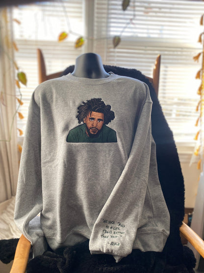 J. Cole Tribute No Such Thing Embroidered Sweatshirt With Quote on Sleeve - West & Remount Custom Apparel