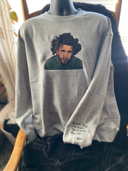 J. Cole Tribute No Such Thing Embroidered Sweatshirt With Quote on Sleeve - West & Remount Custom Apparel
