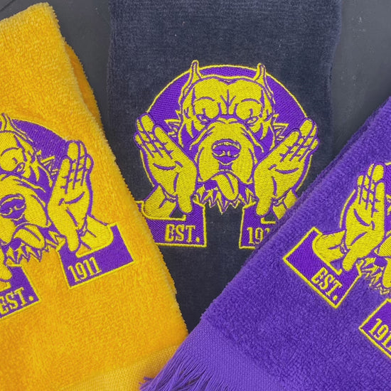 3 Omega Psi Phi Hooks Towel stitched on gold, black and purple velour plush towels