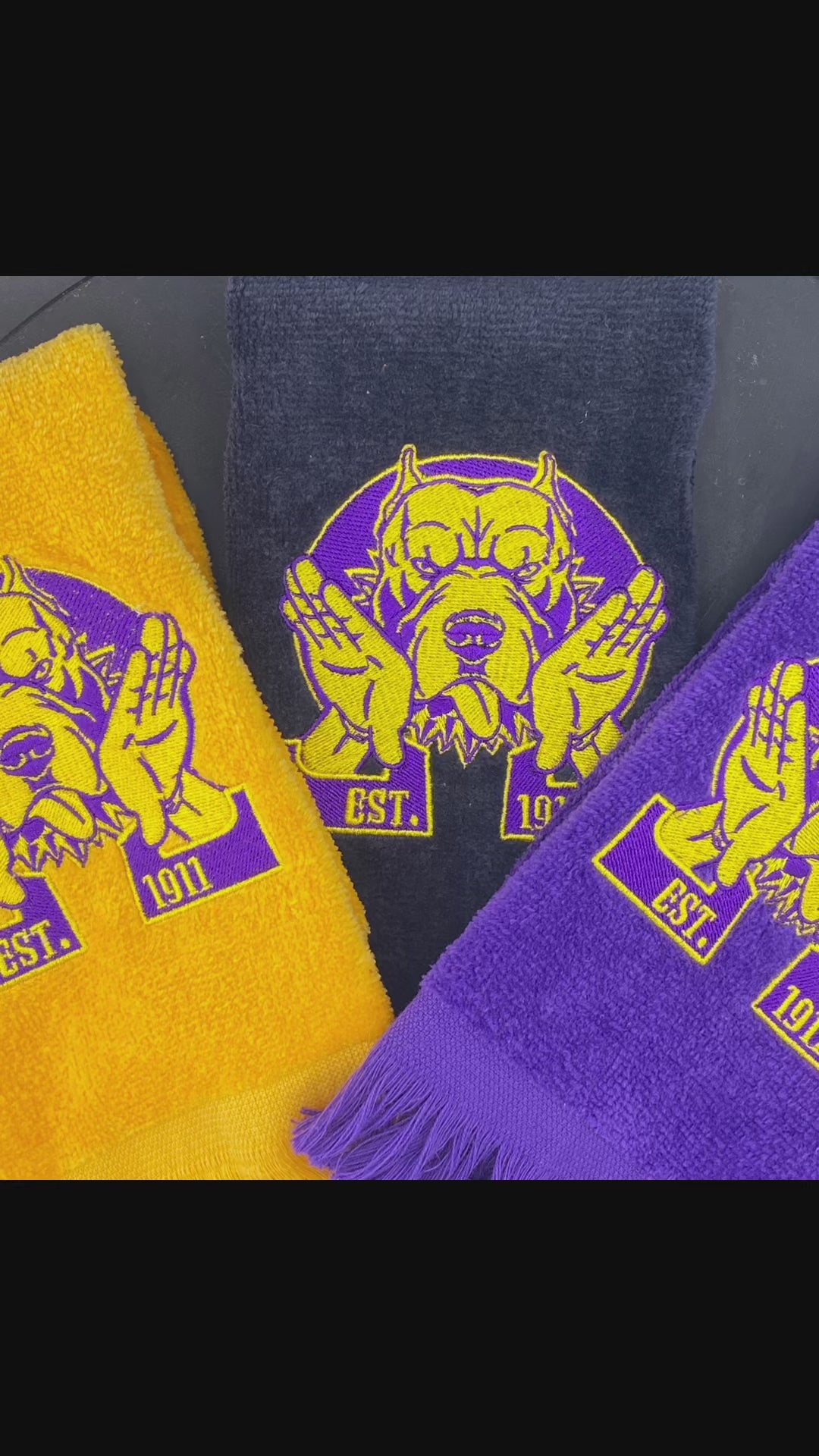 3 Omega Psi Phi Hooks Towel stitched on gold, black and purple velour plush towels